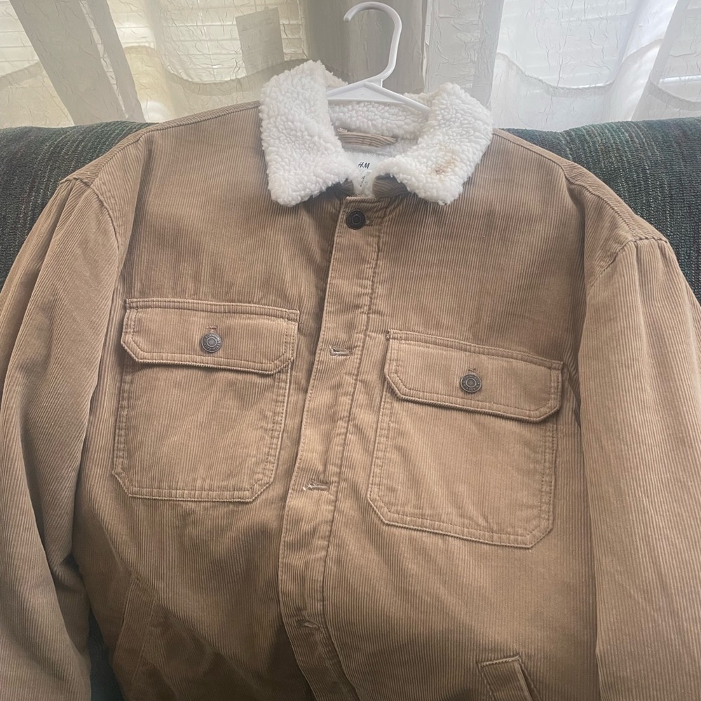 H&M Men's Brown Corduroy Jacket with Cream Sherpa Collar